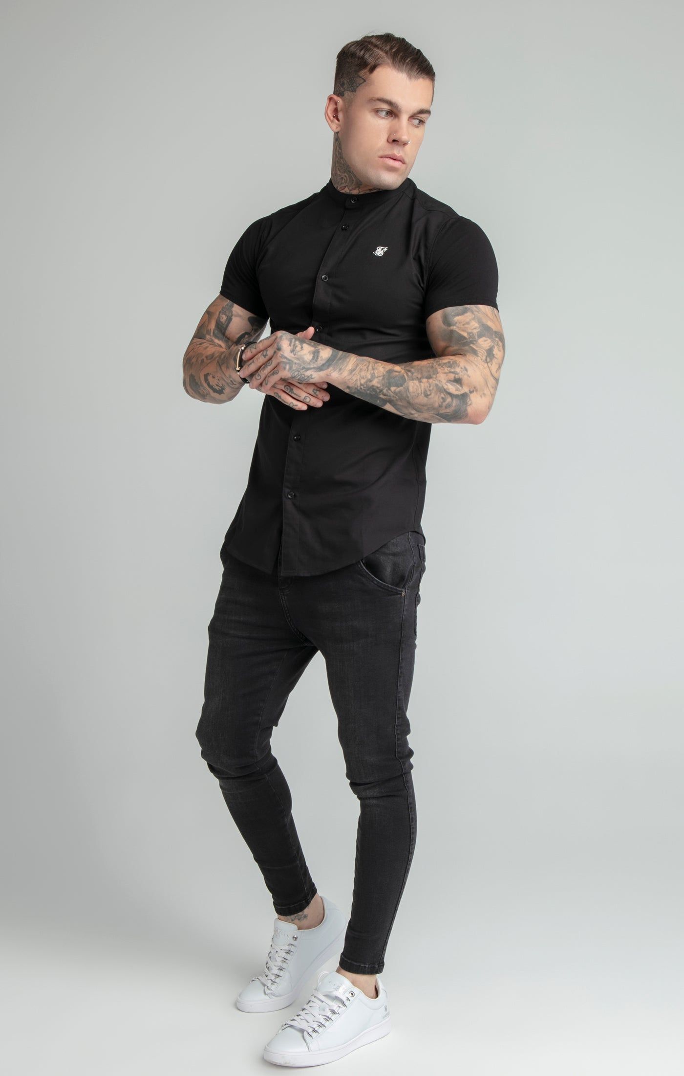 Black Short Sleeve Grandad Collar Shirt sold by Siksilk product image thumbnail 5