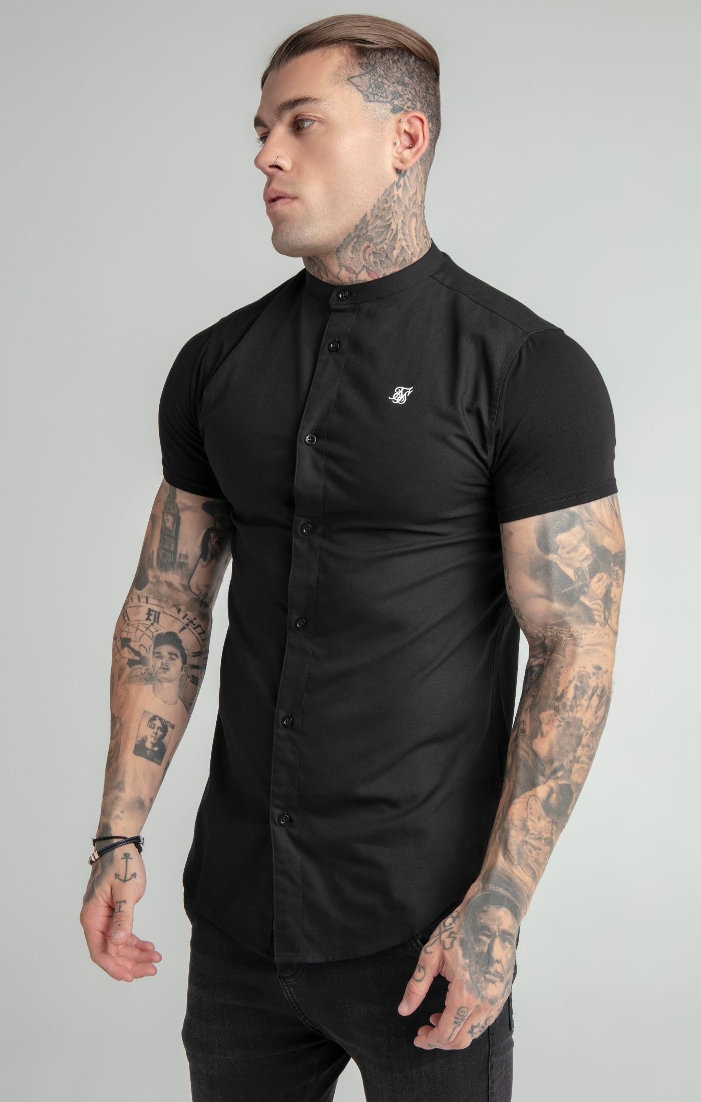 Black Short Sleeve Grandad Collar Shirt sold by Siksilk product image thumbnail 2