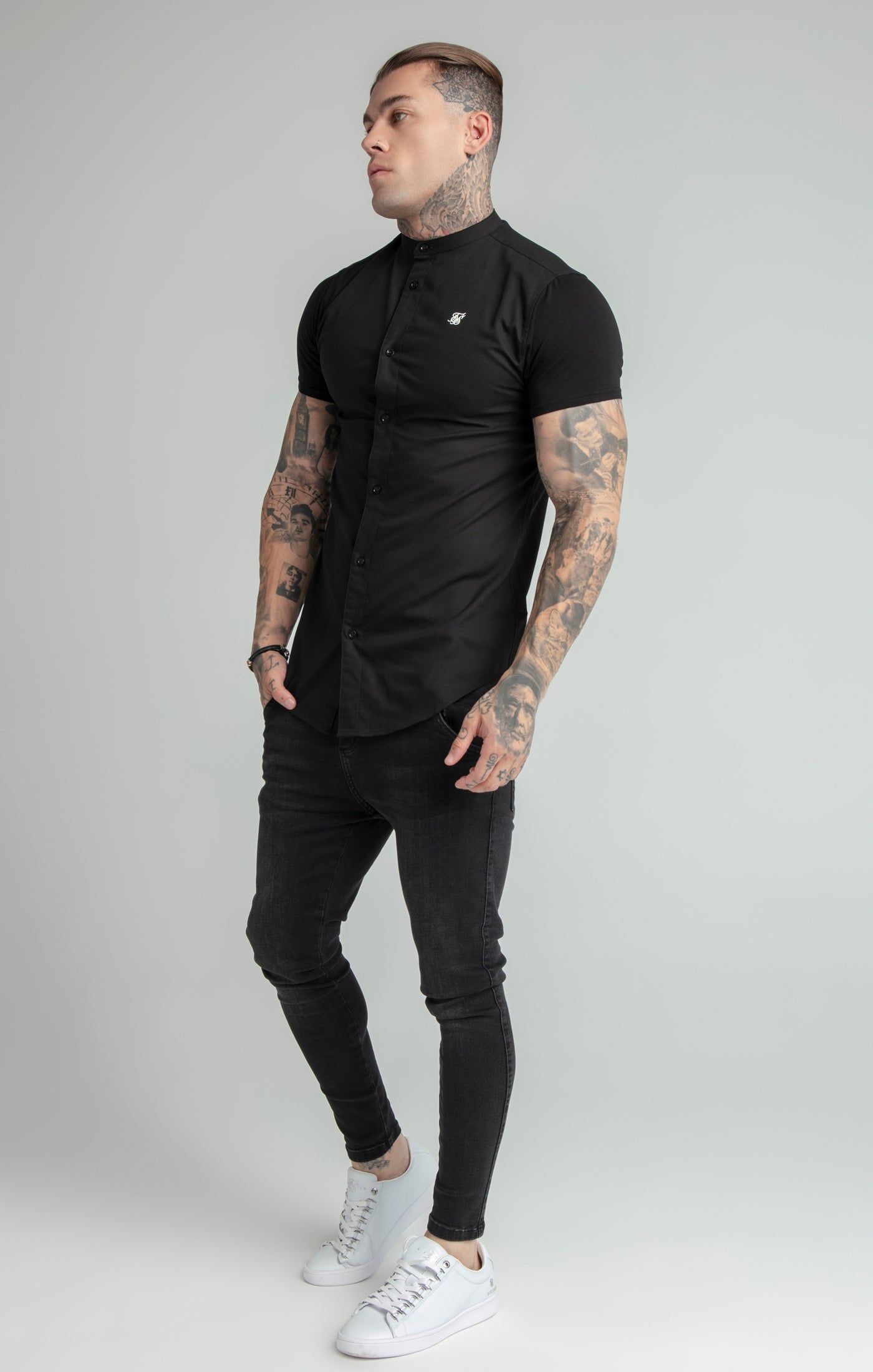 Black Short Sleeve Grandad Collar Shirt sold by Siksilk product image thumbnail 4