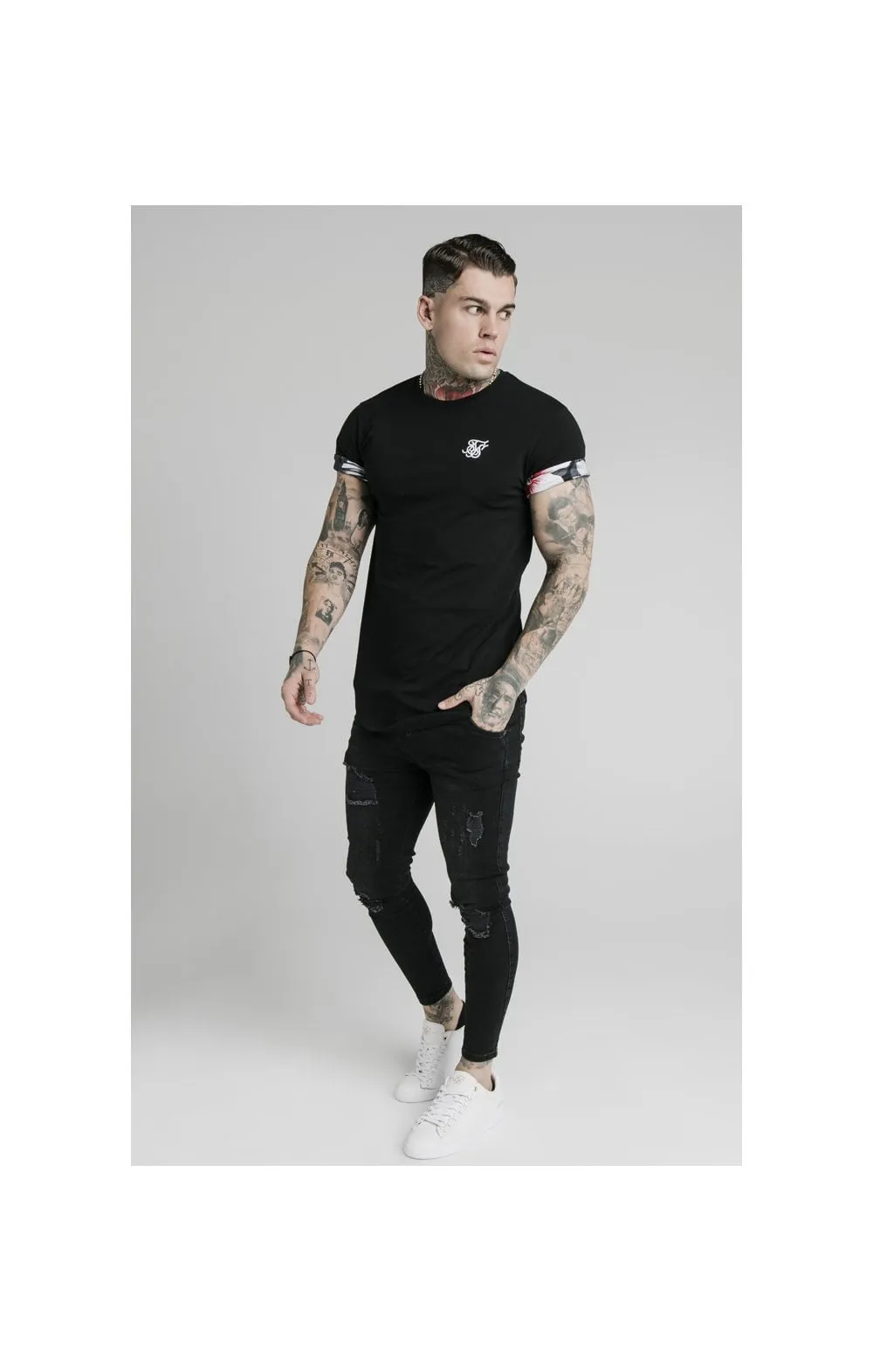 SikSilk S/S Floral Roll Sleeve Tee – Black sold by Siksilk