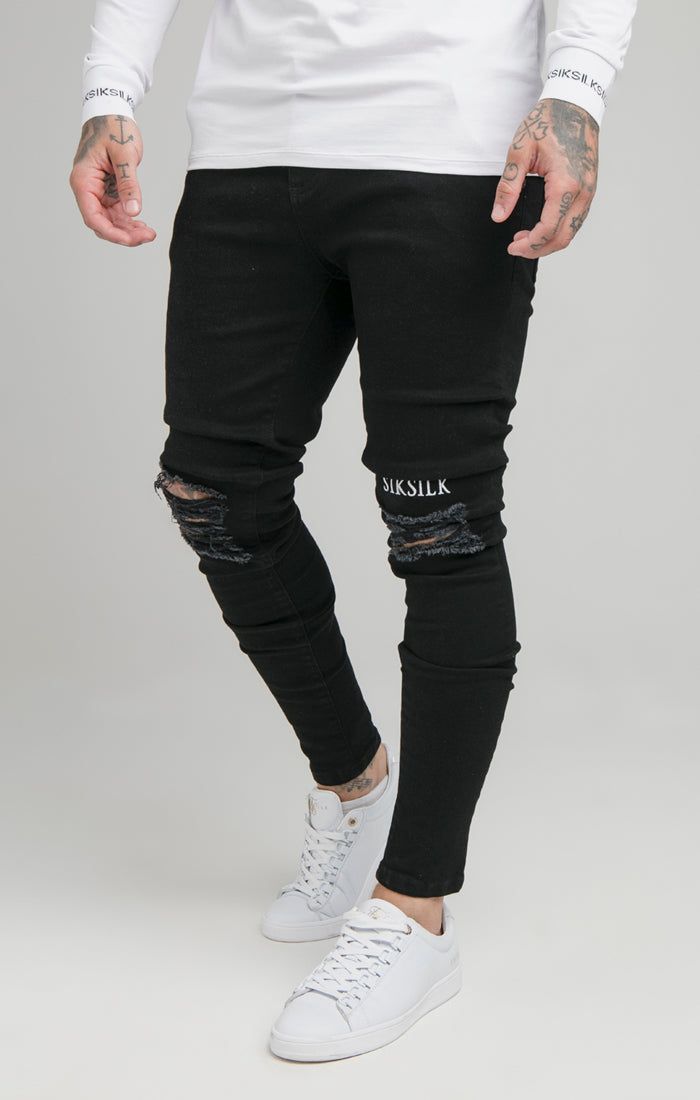 SikSilk Raw Hem Burst Knee Denims - Black sold by Siksilk
