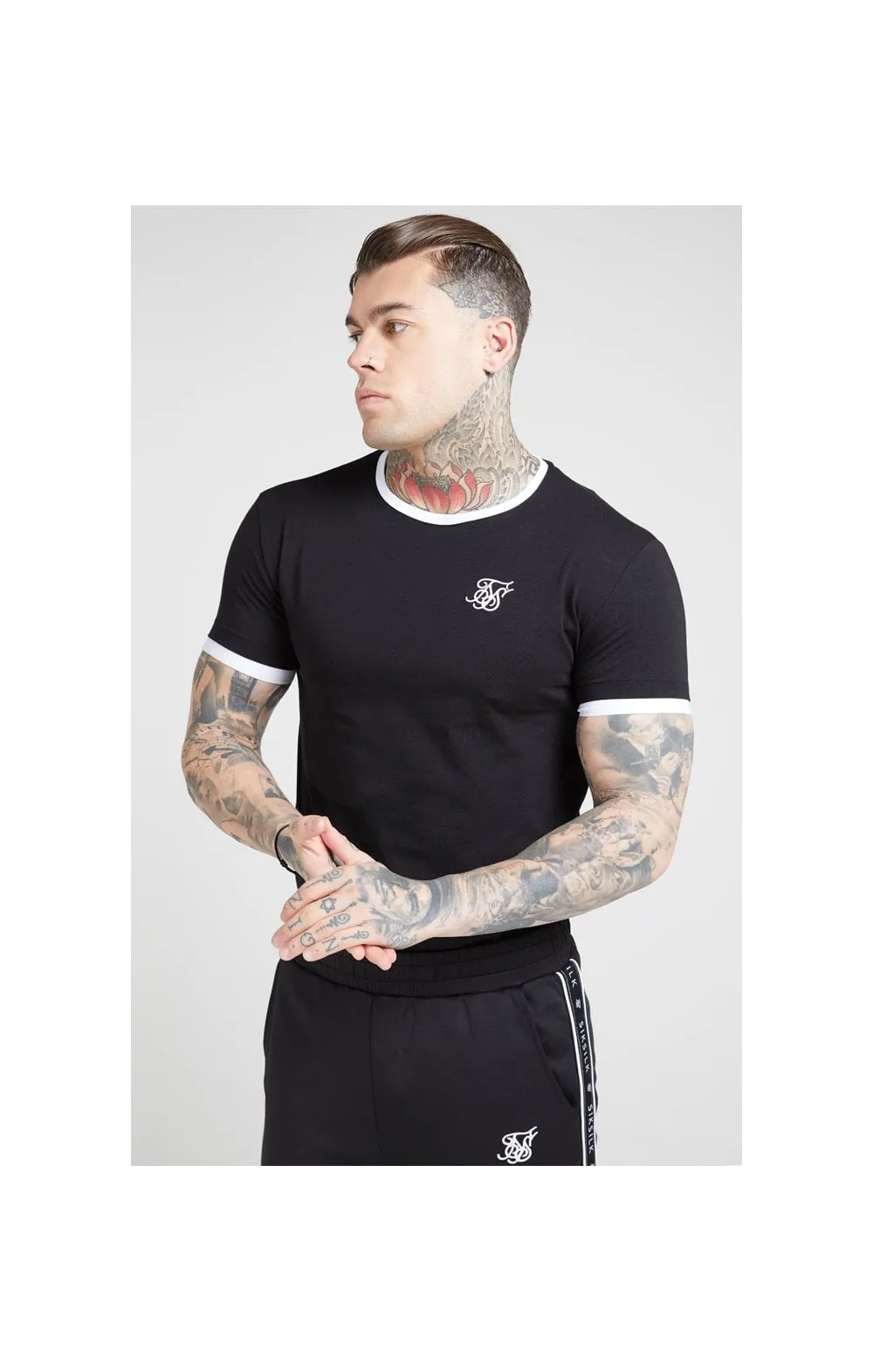 SikSilk S/S Inset Straight Hem Ringer Gym Tee – Black & White sold by Siksilk