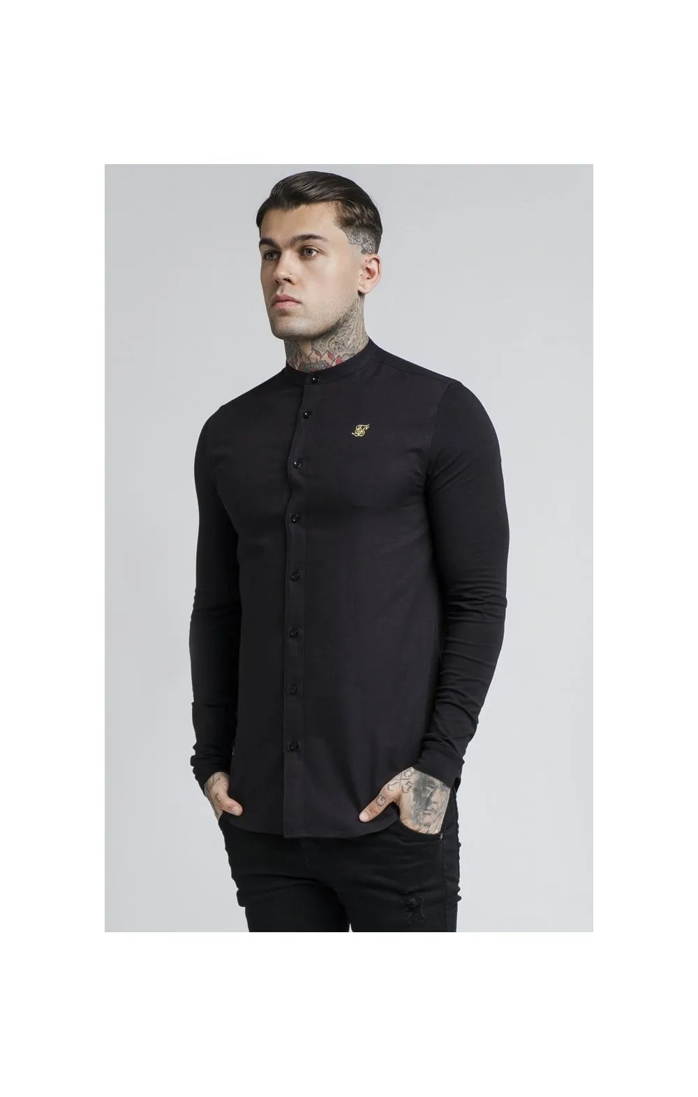SikSilk L/S Grandad Shirt – Black sold by Siksilk