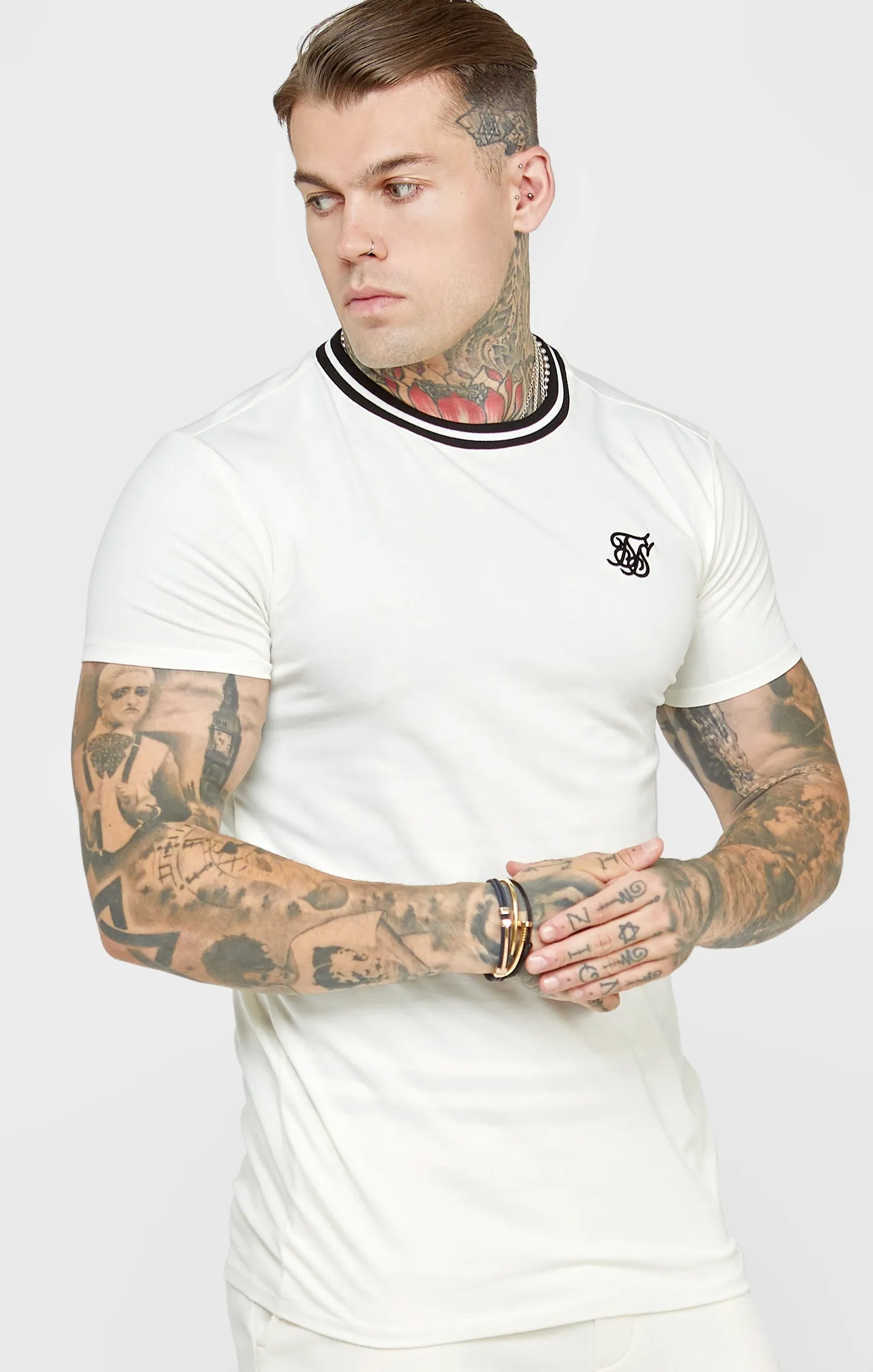 Ecru Gym Fit T-Shirt W Yarn Dyed Rib sold by Siksilk