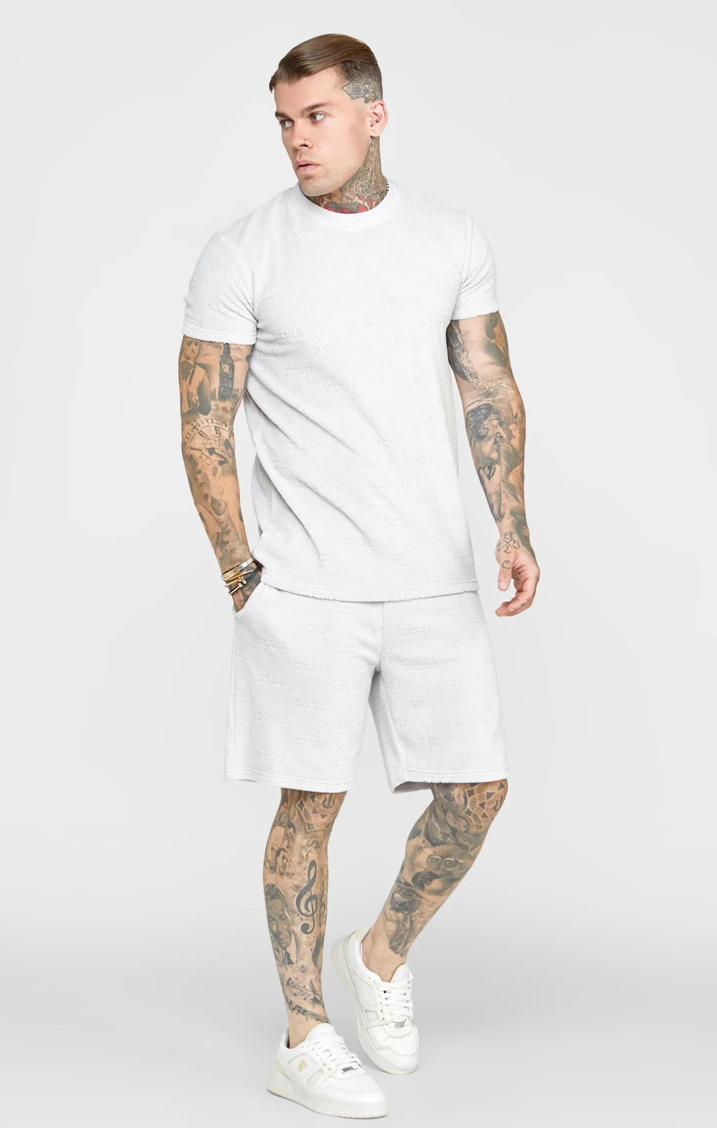 Grey Repeat Logo Towelling Short sold by Siksilk product image thumbnail 3
