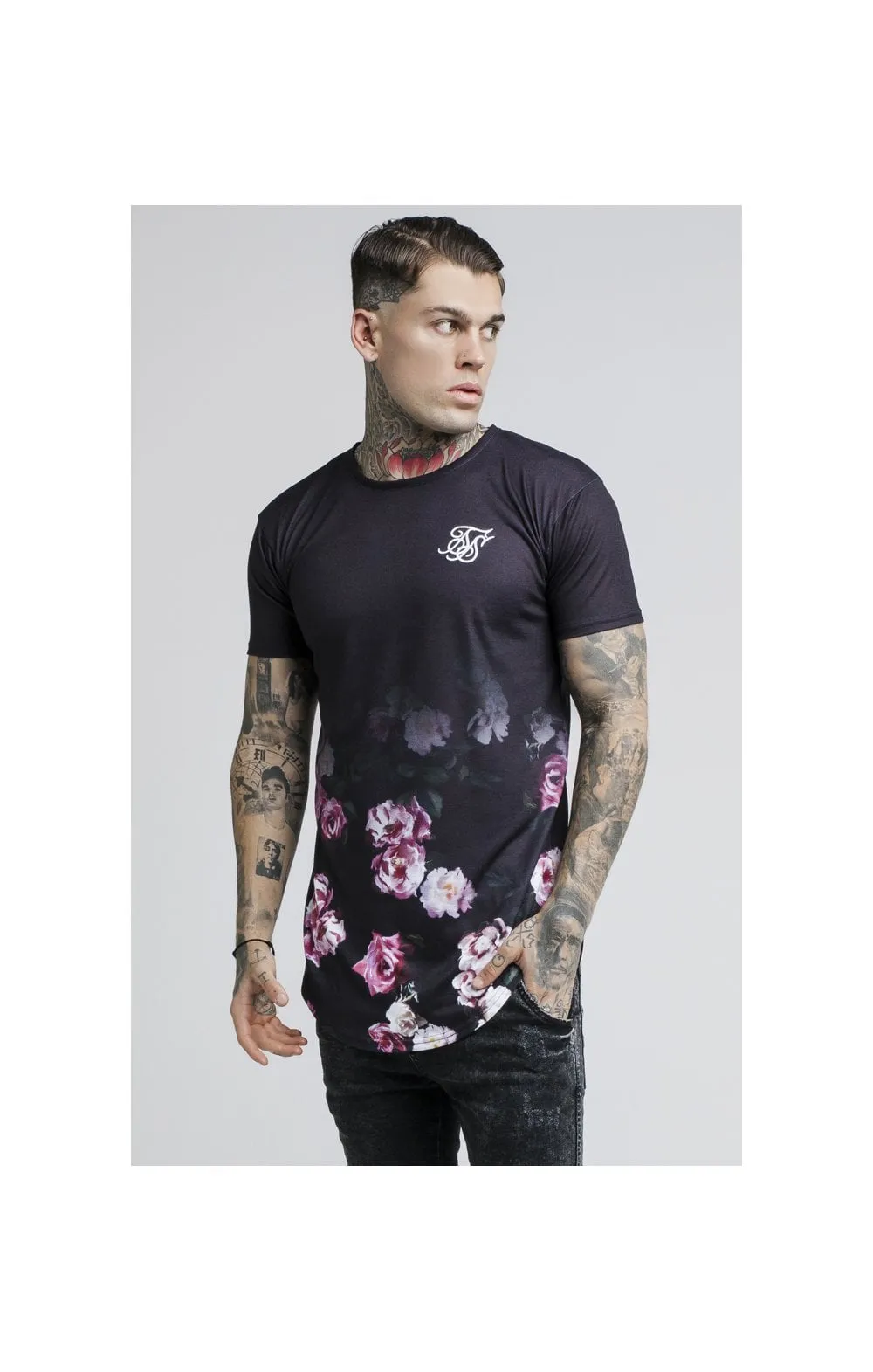 SikSilk S/S Oil Paint Fade Curved Hem Tee – Black sold by Siksilk