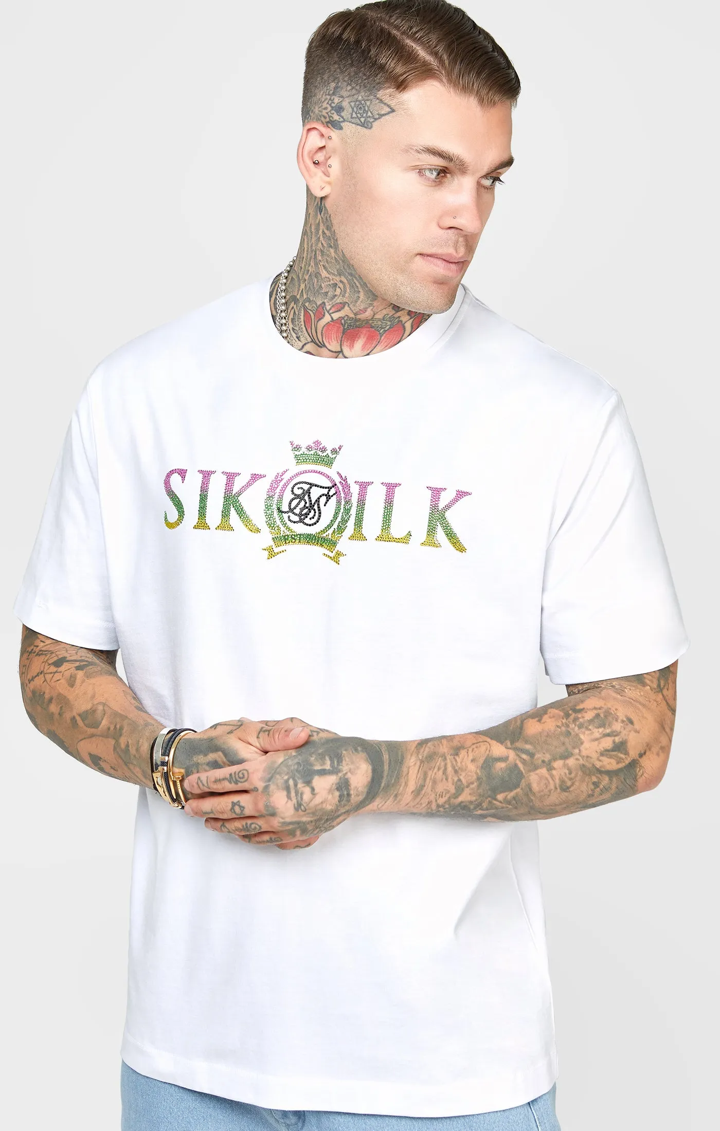 White Rhinestone Oversized T-Shirt sold by Siksilk