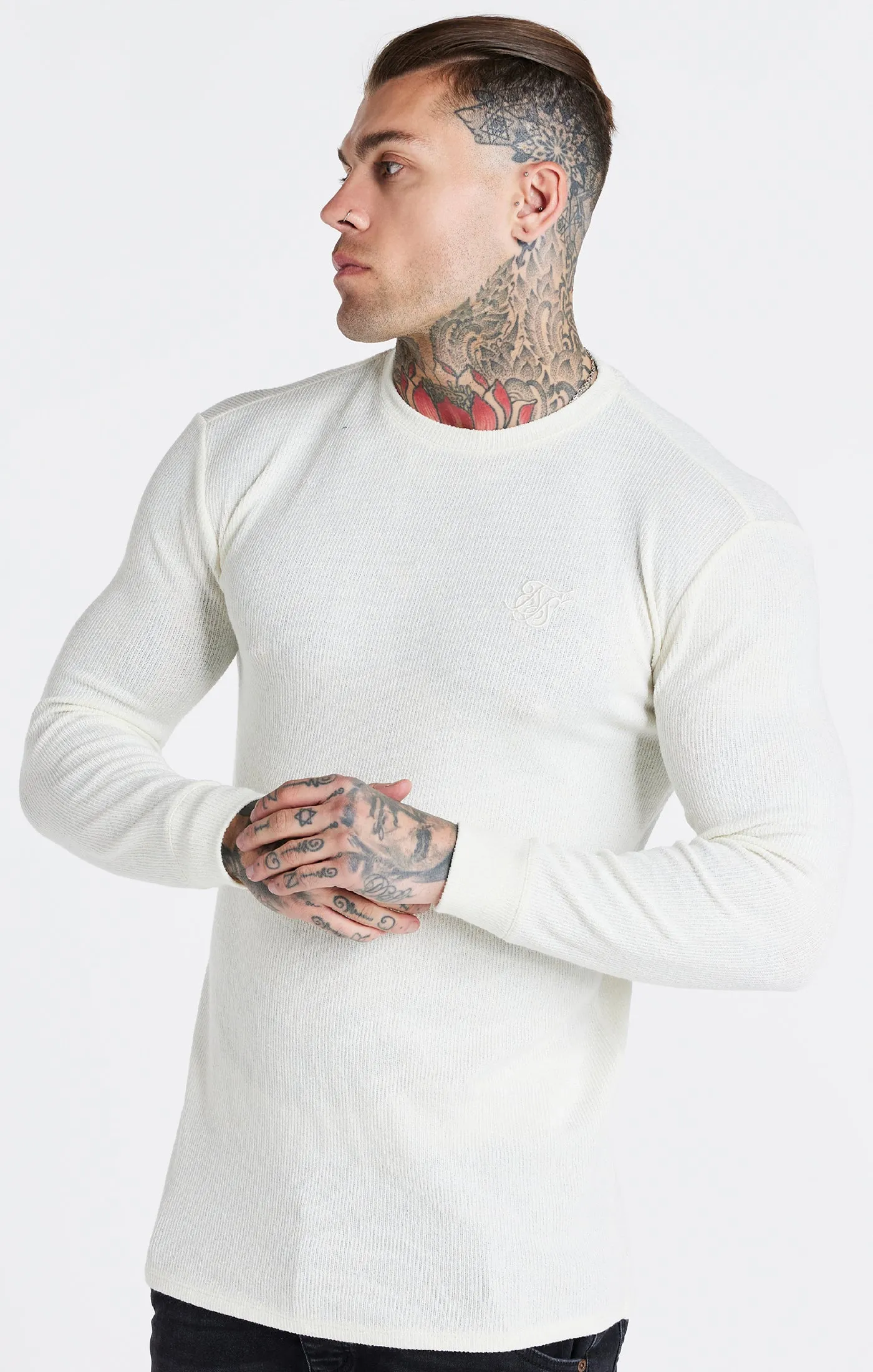 Ecru Long Sleeve Rib Muscle Fit T-Shirt sold by Siksilk