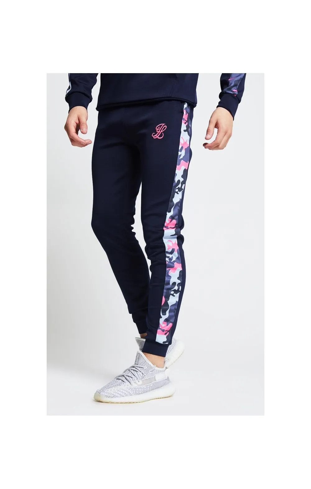 Illusive London Fade Panel Cuffed Joggers – Navy & Neon Pink Camo sold by Siksilk