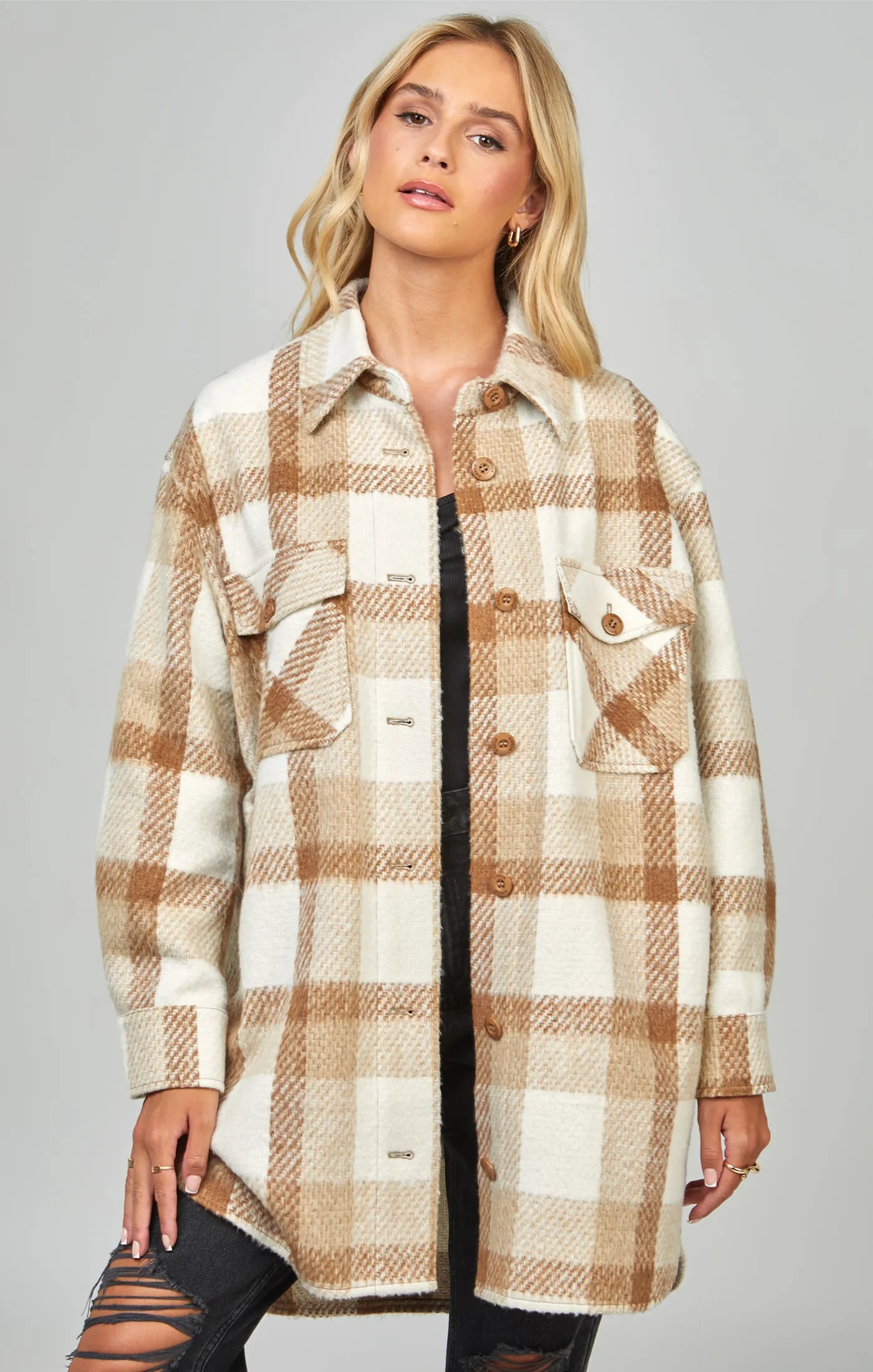 Beige Checked Shacket sold by Siksilk