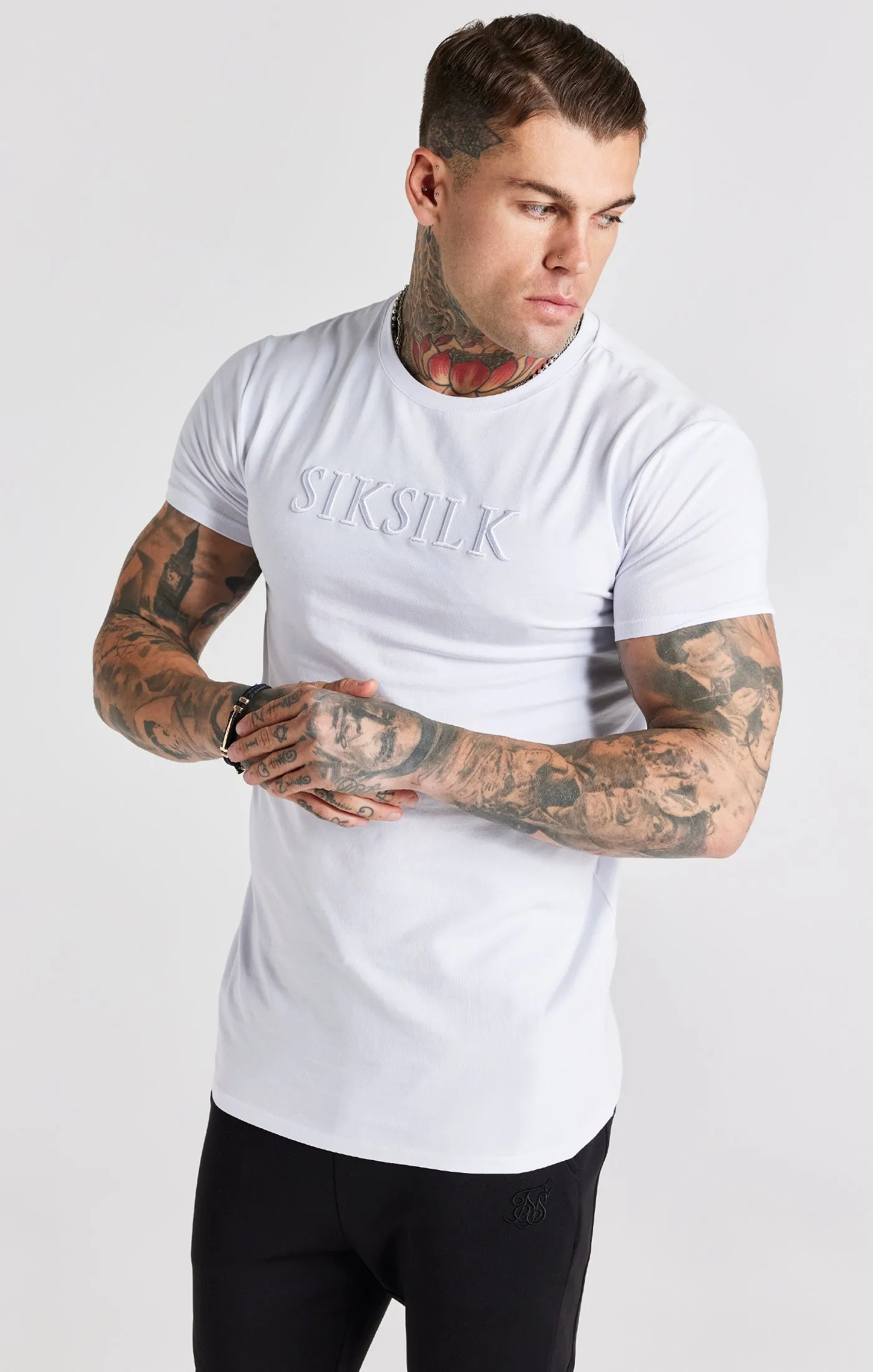 White Embroidered Muscle Fit T-Shirt sold by Siksilk