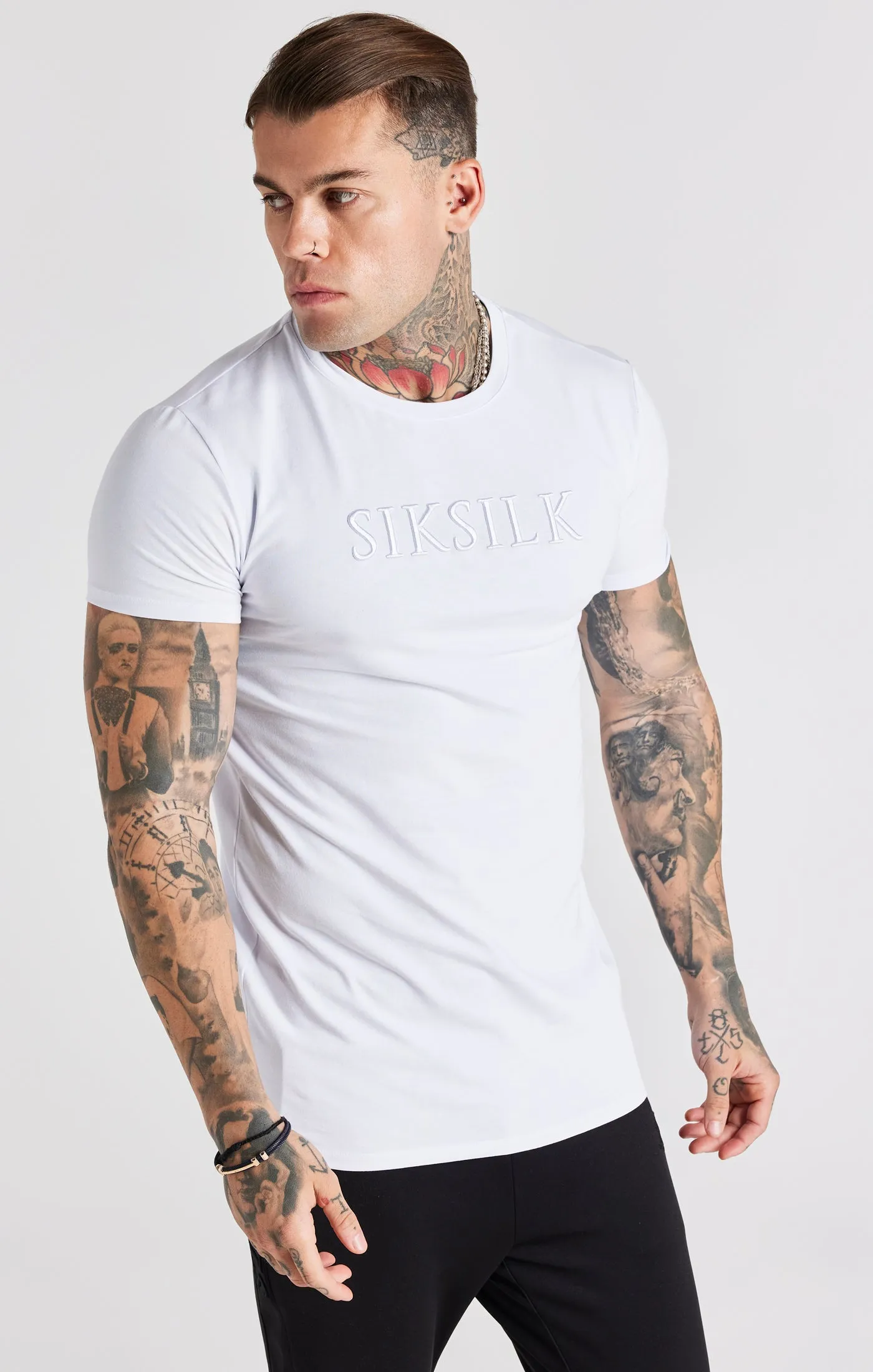 White Embroidered Muscle Fit T-Shirt sold by Siksilk product image thumbnail 5