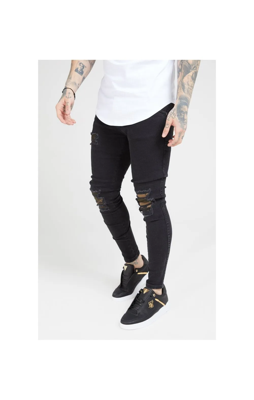 SikSilk Burst Knee Low Rise Denims - Washed Black & Camo sold by Siksilk