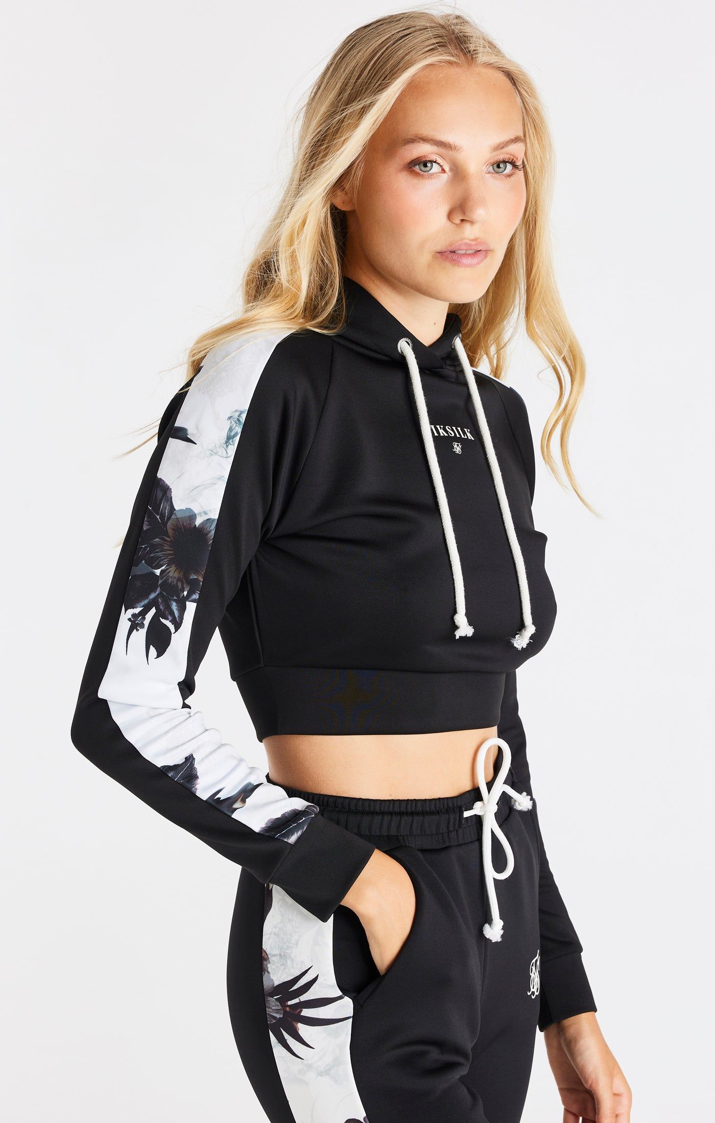 Black Floral Panel Sleeve Crop Hoodie sold by Siksilk