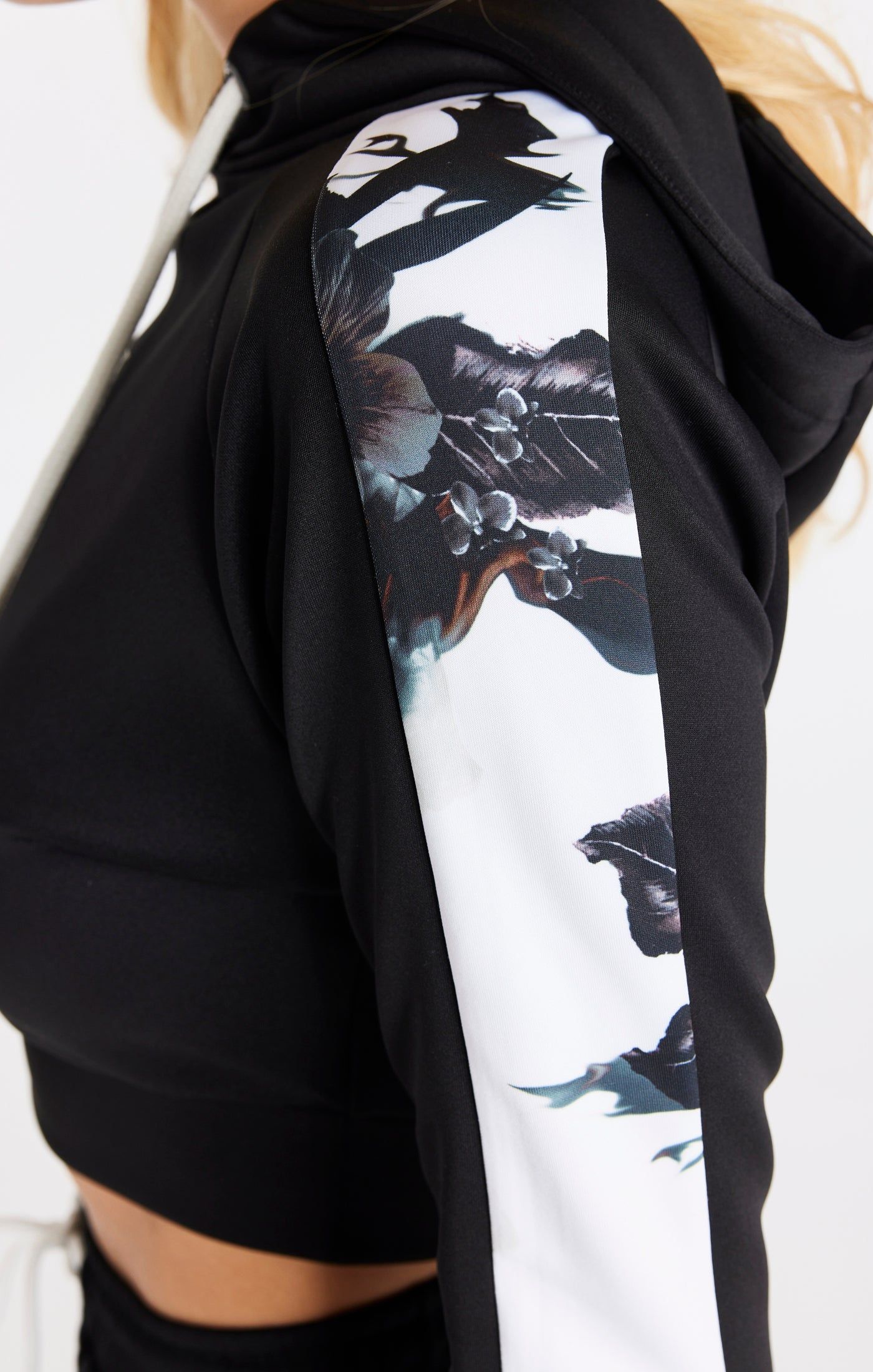 Black Floral Panel Sleeve Crop Hoodie sold by Siksilk product image thumbnail 2