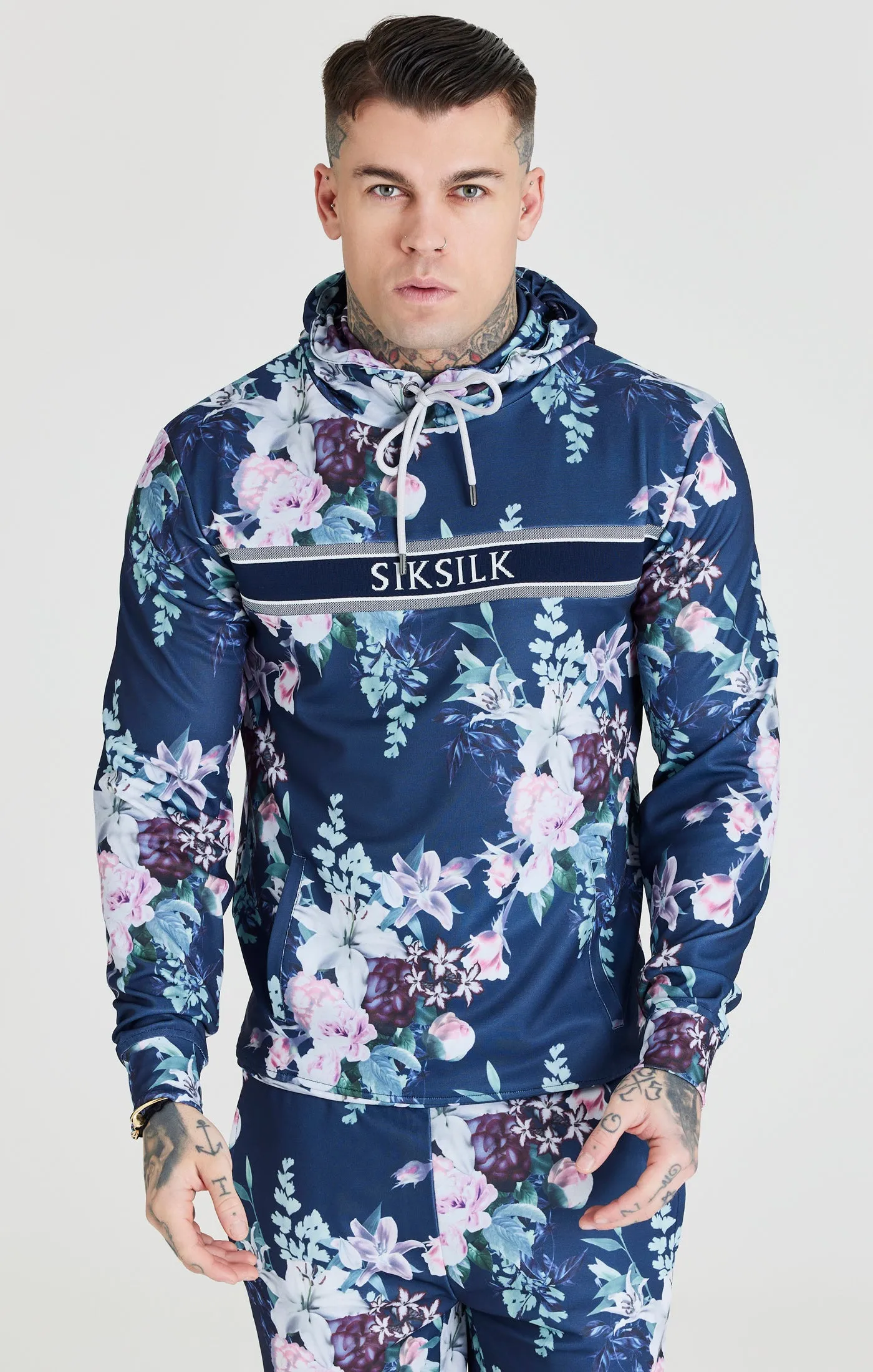 Navy Logo Detail Botanical Hoodie sold by Siksilk