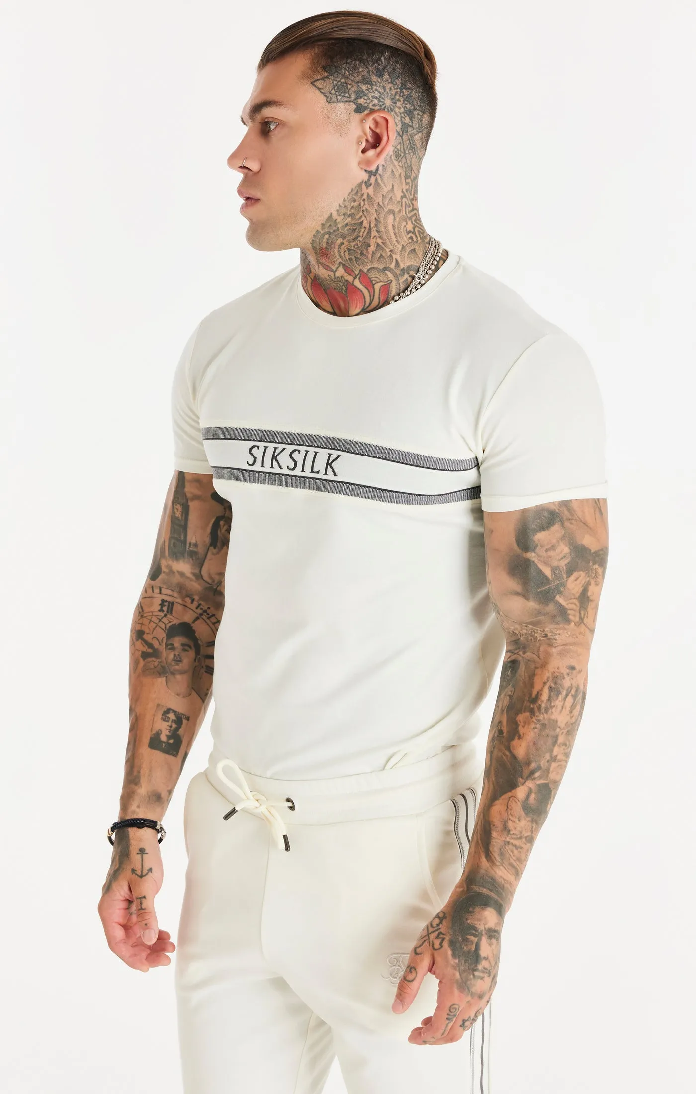 Ecru Knitted Tape Muscle Fit T-Shirt sold by Siksilk