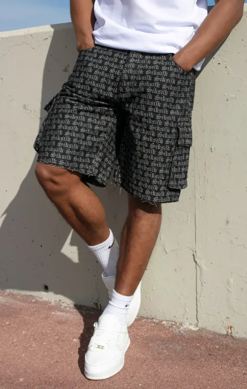 Black Jacquard Denim Cargo Short sold by Siksilk