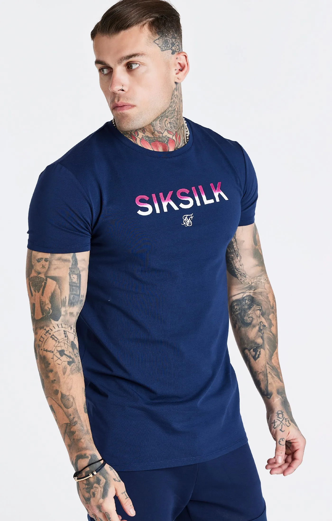 Navy Print Muscle Fit T-Shirt sold by Siksilk