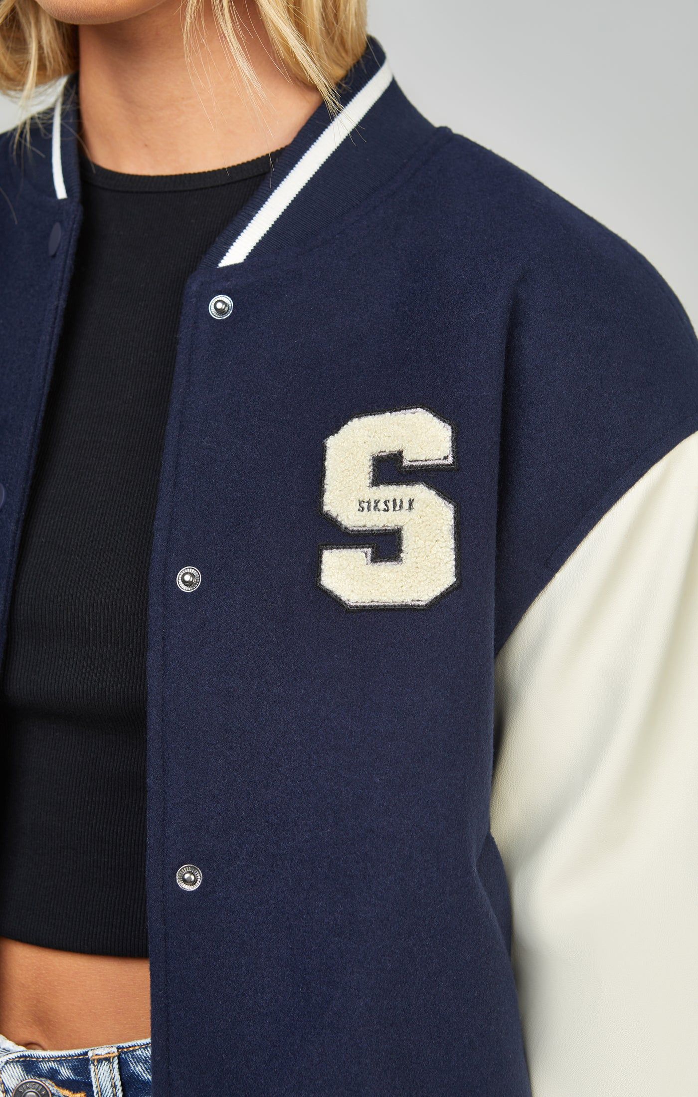 Navy Varsity Bomber Jacket sold by Siksilk product image thumbnail 4