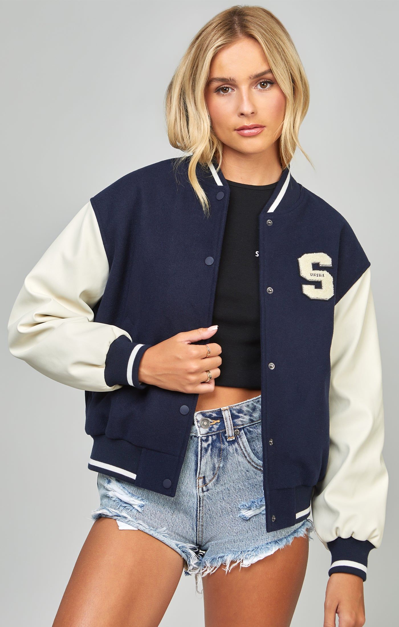 Navy Varsity Bomber Jacket sold by Siksilk