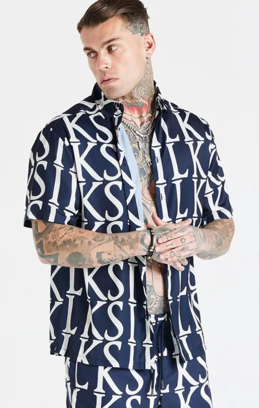 Navy Repeat Print Resort Shirt sold by Siksilk