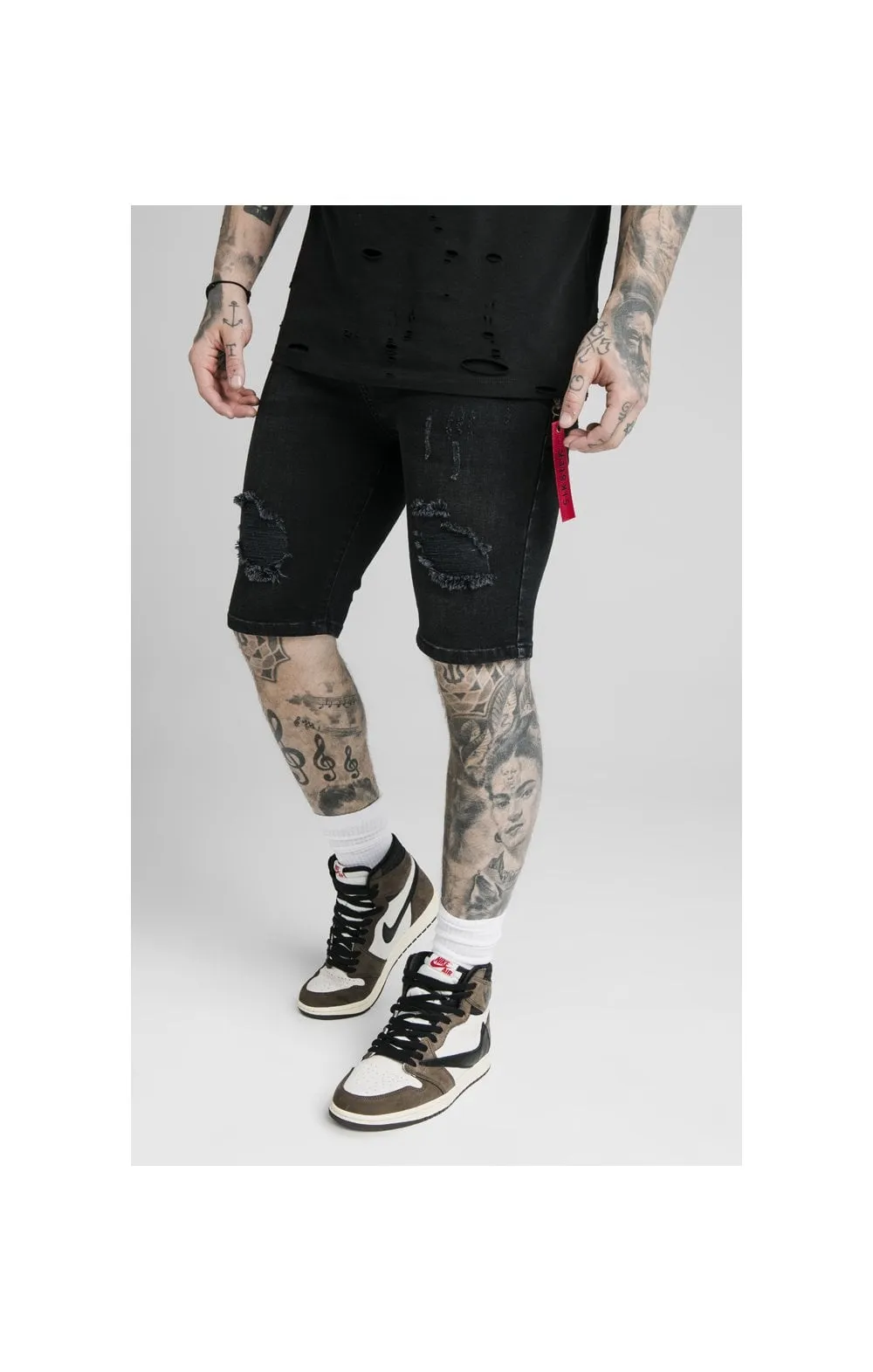 SikSilk Distressed Denim Flight Shorts – Washed Black sold by Siksilk