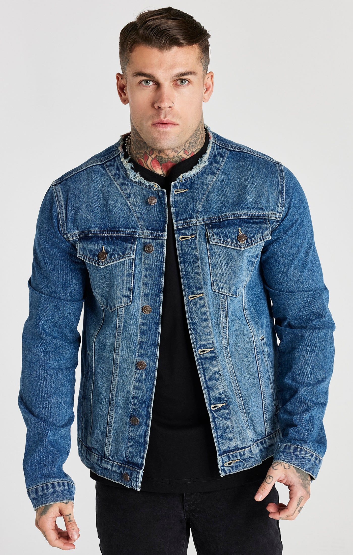 Blue Deluxe Collarless Denim Jacket sold by Siksilk