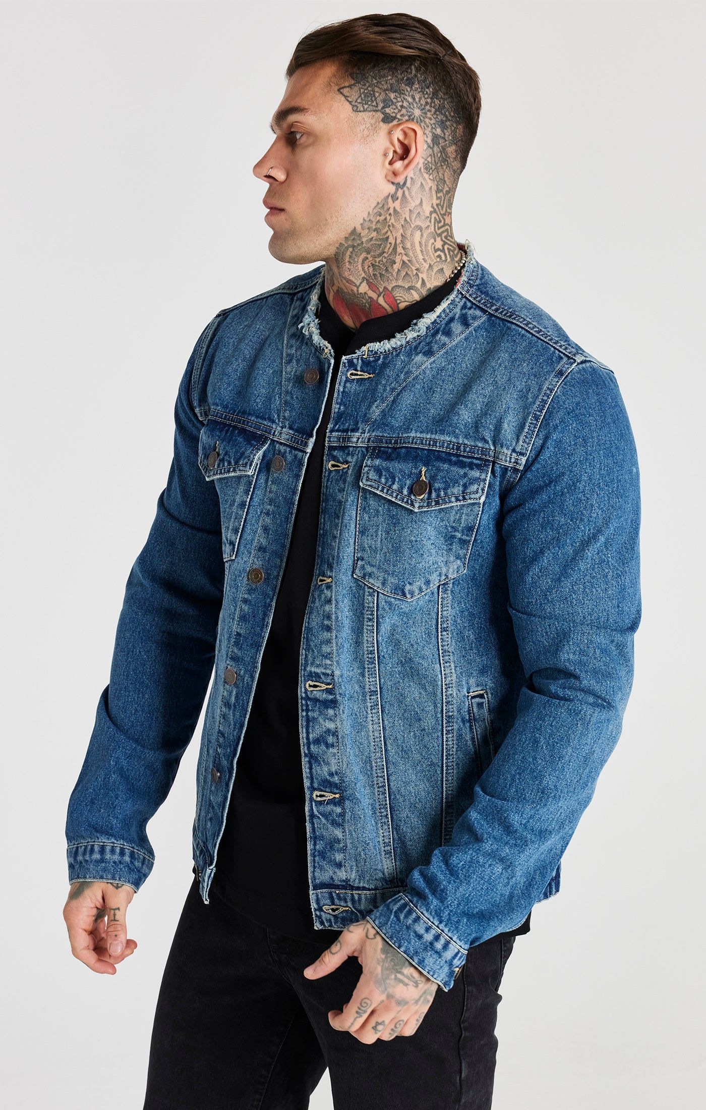 Blue Deluxe Collarless Denim Jacket sold by Siksilk product image thumbnail 5