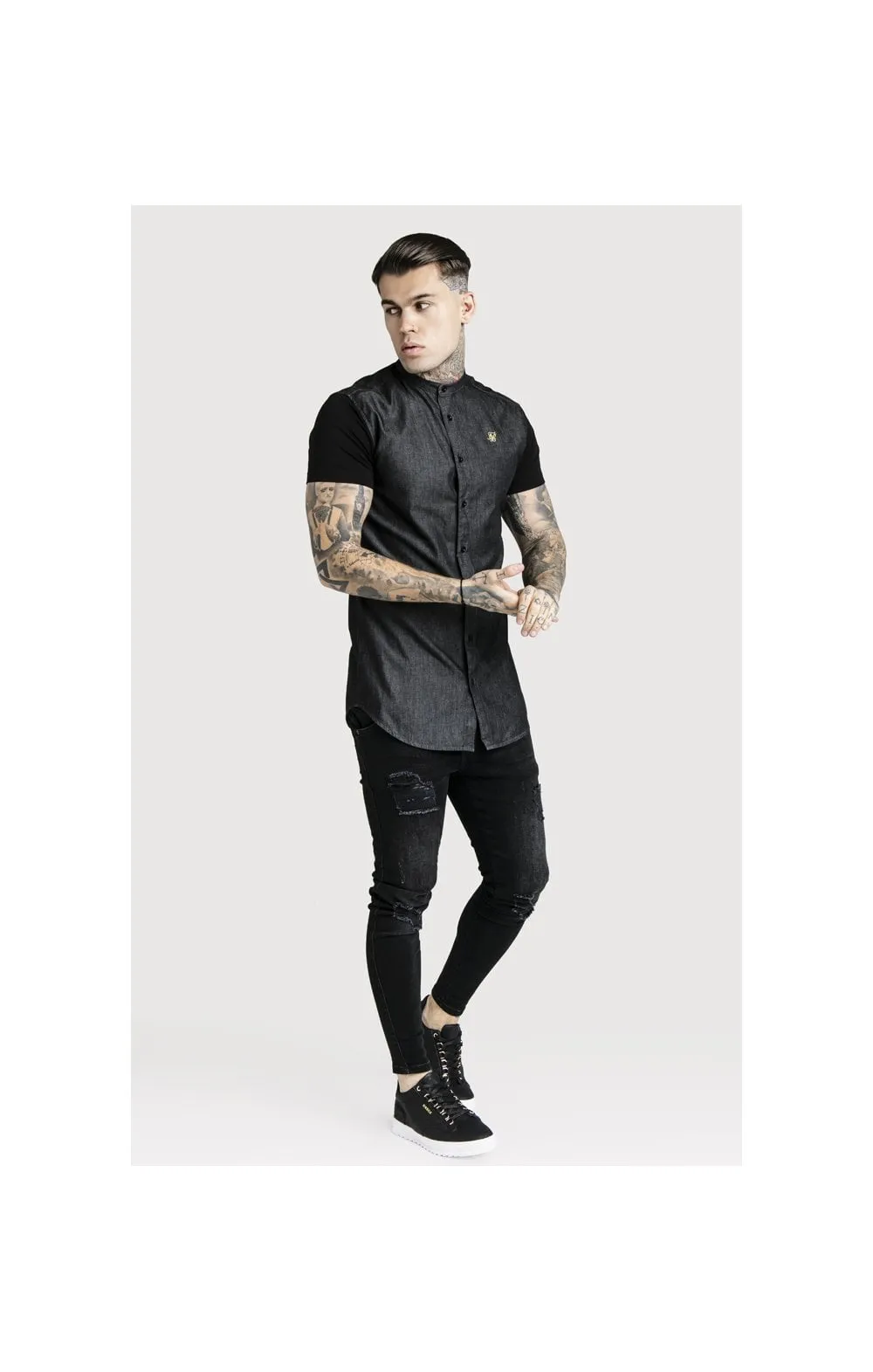 SikSilk S/S Grandad Collar Denim Shirt - Black & Gold sold by Siksilk product image thumbnail 5