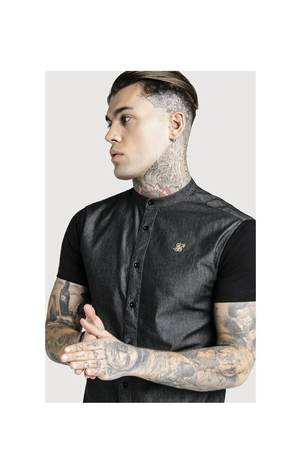 SikSilk S/S Grandad Collar Denim Shirt - Black & Gold sold by Siksilk product image thumbnail 2