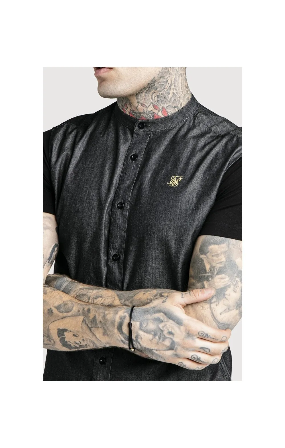 SikSilk S/S Grandad Collar Denim Shirt - Black & Gold sold by Siksilk product image thumbnail 3
