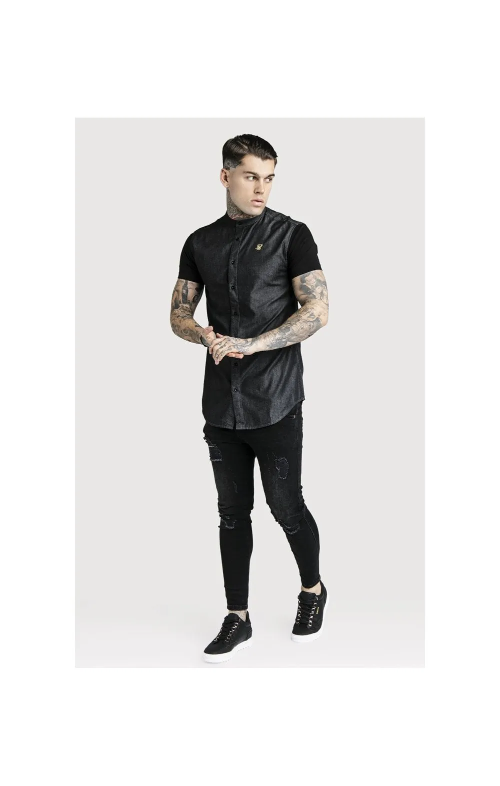 SikSilk S/S Grandad Collar Denim Shirt - Black & Gold sold by Siksilk product image thumbnail 4