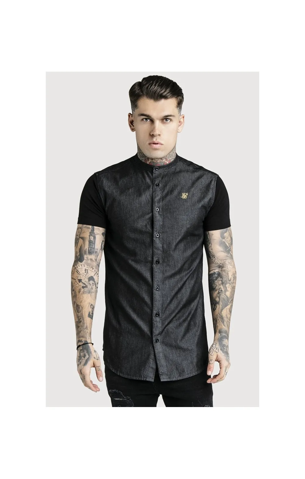 SikSilk S/S Grandad Collar Denim Shirt - Black & Gold sold by Siksilk