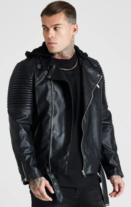 Black Hooded Detail Biker Jacket sold by Siksilk