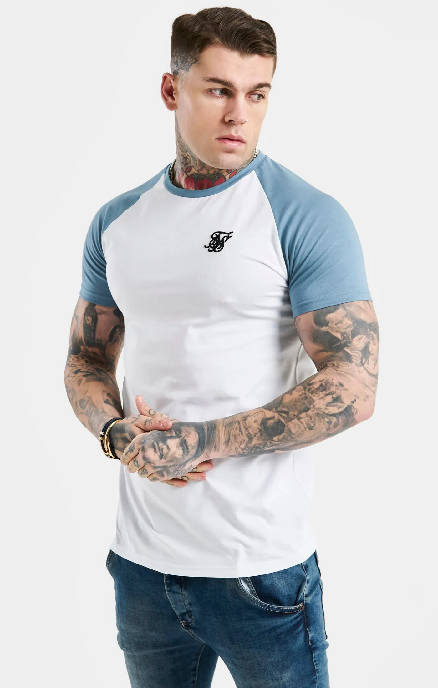 White Raglan Muscle Fit T-Shirt sold by Siksilk