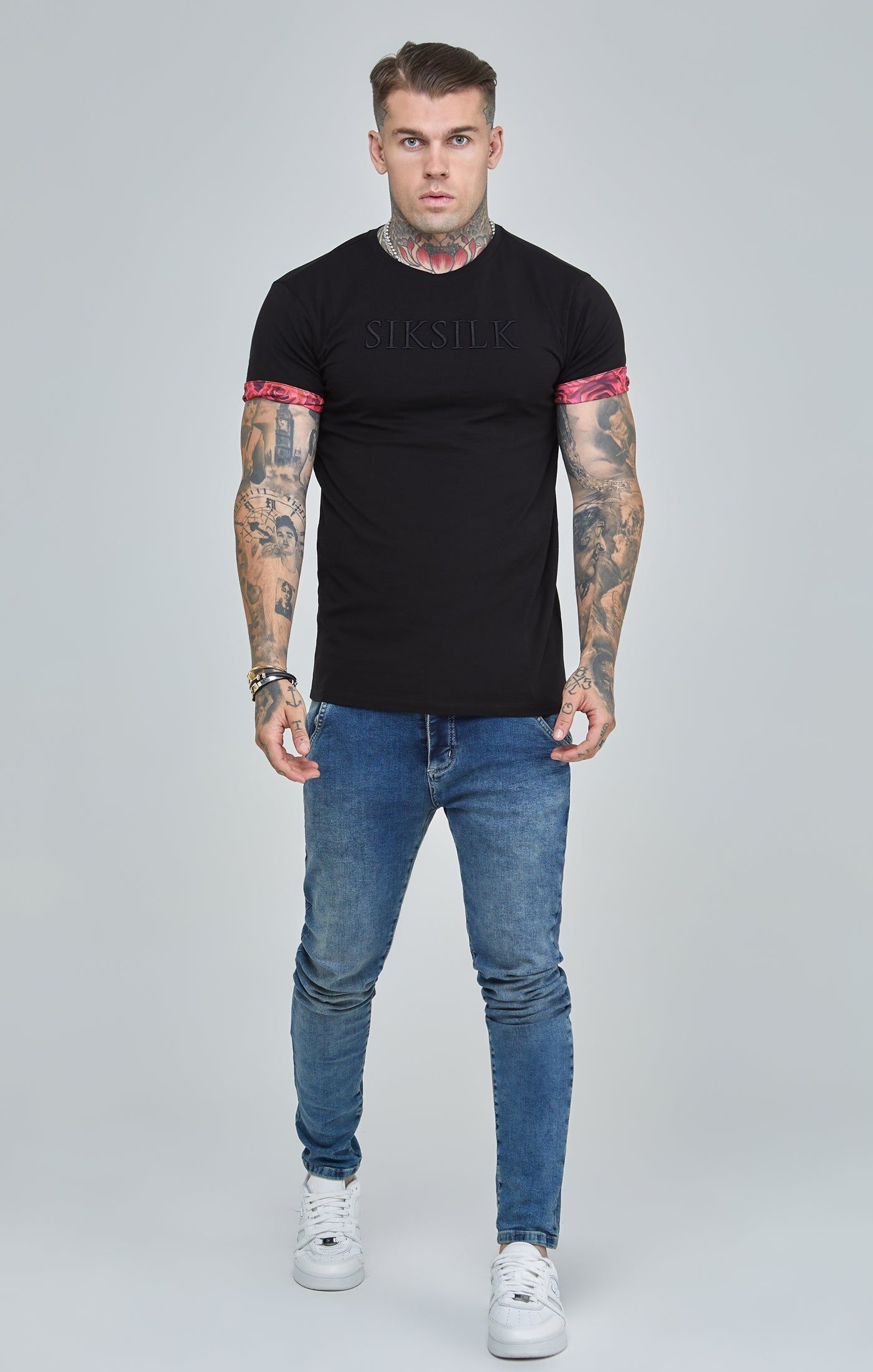 Black Rose Print Roll Sleeve T-Shirt sold by Siksilk product image thumbnail 2
