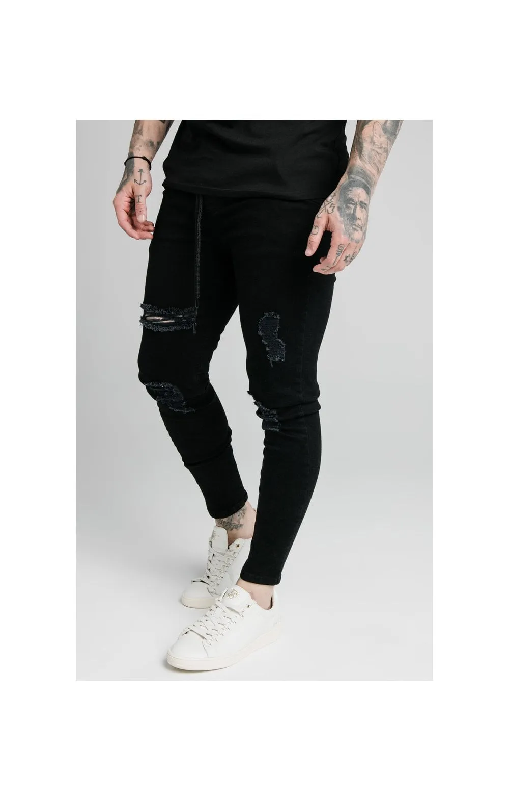 SikSilk Elasticated Tape Skinny Distressed Jeans - Black sold by Siksilk