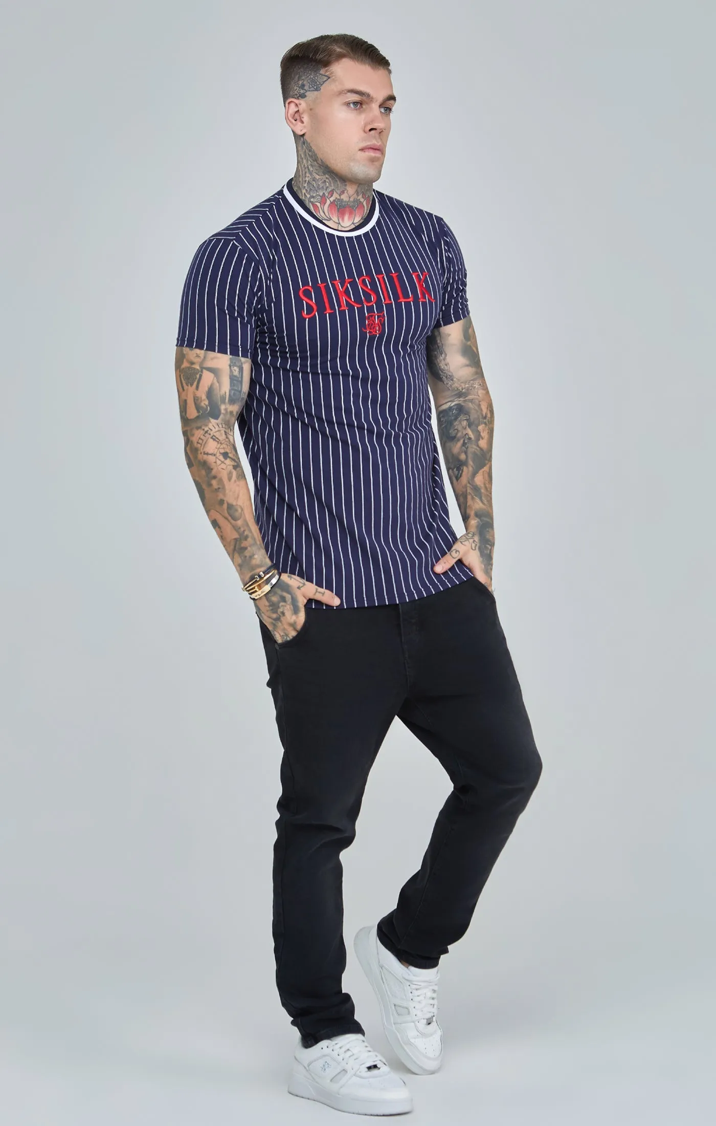 Navy Pinstiripe Muscle Fit T-Shirt sold by Siksilk product image thumbnail 4