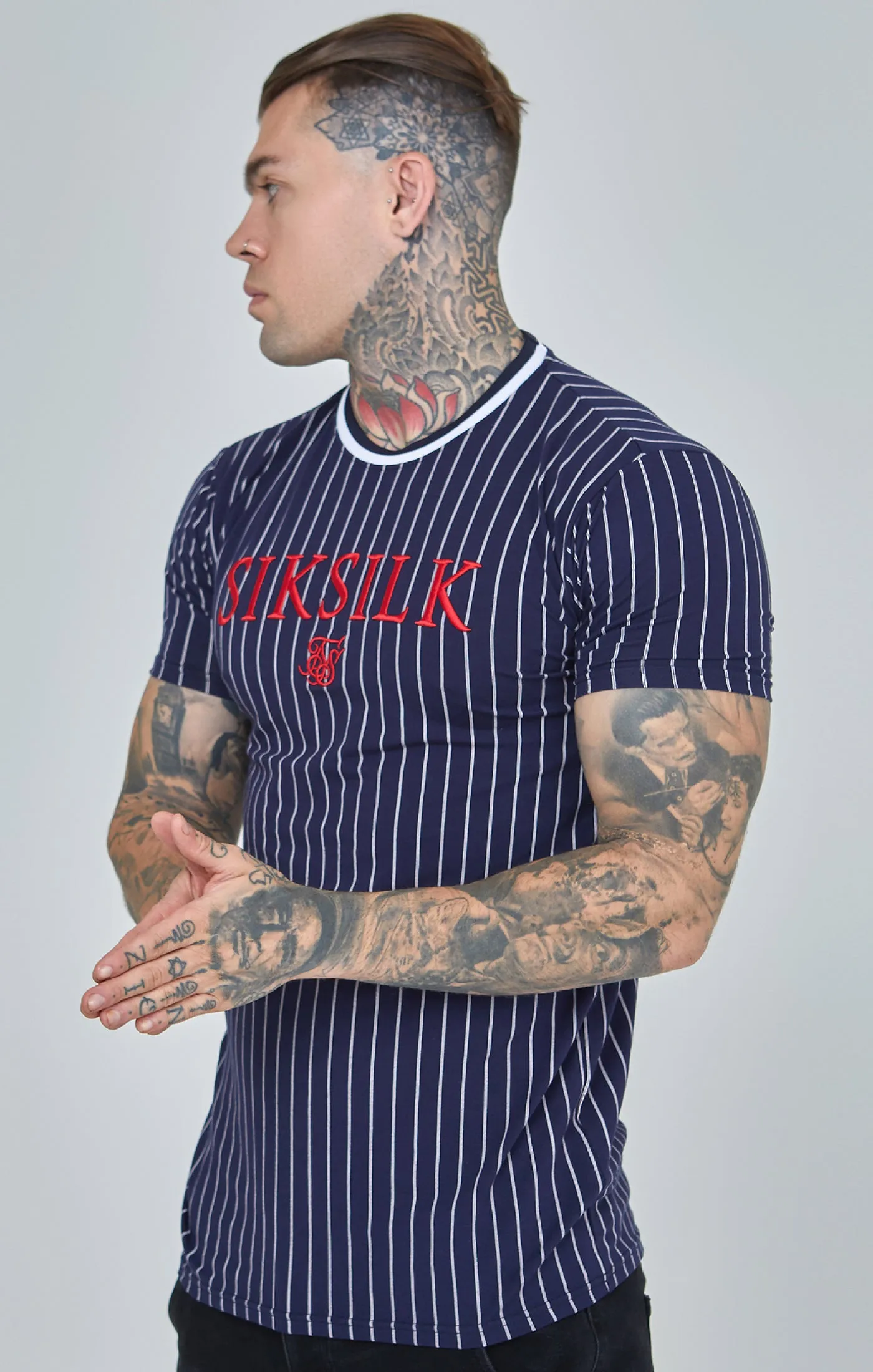 Navy Pinstiripe Muscle Fit T-Shirt sold by Siksilk
