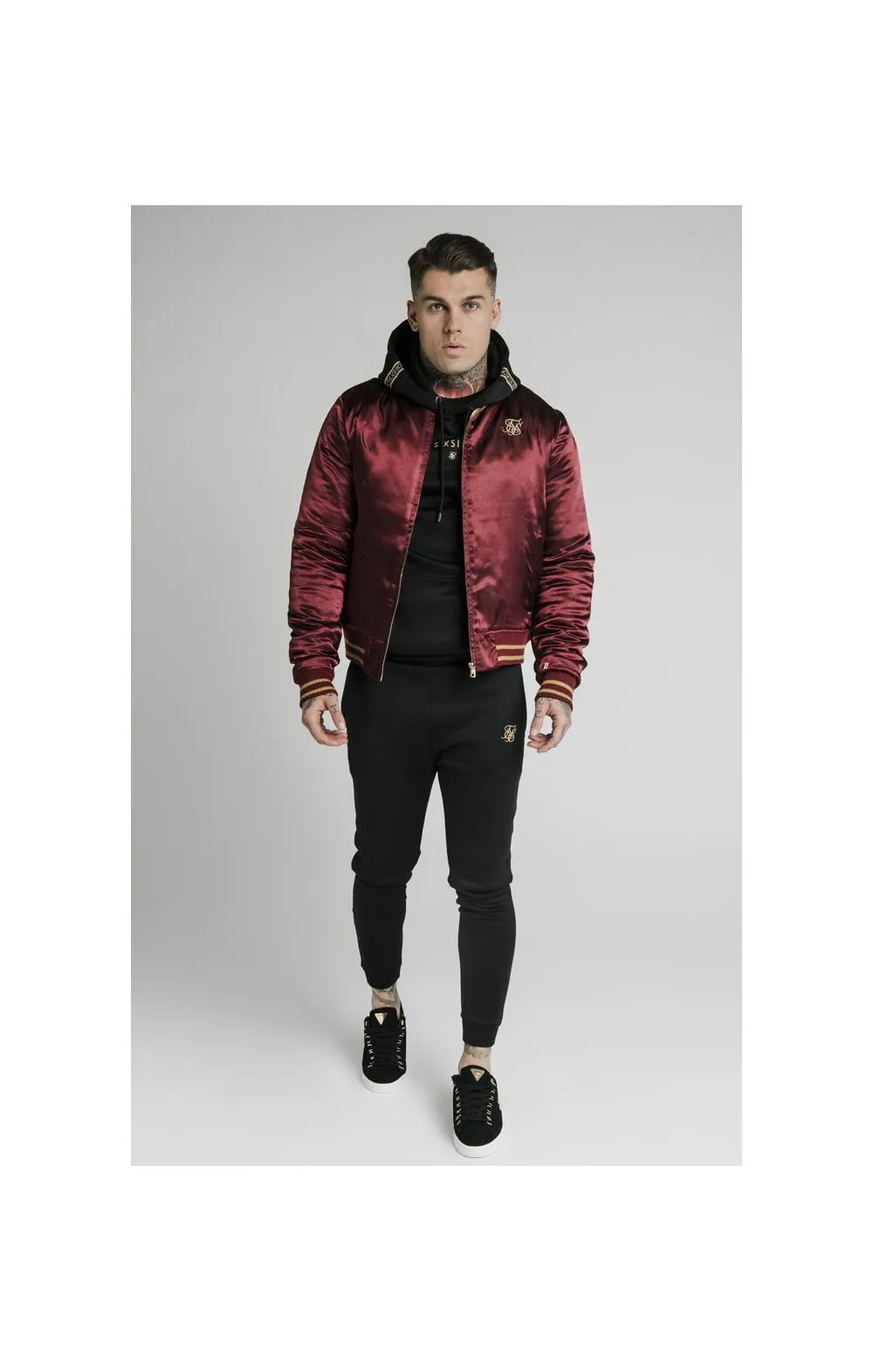 SikSilk Satin Bomber Jacket – Burgundy & Gold sold by Siksilk product image thumbnail 4