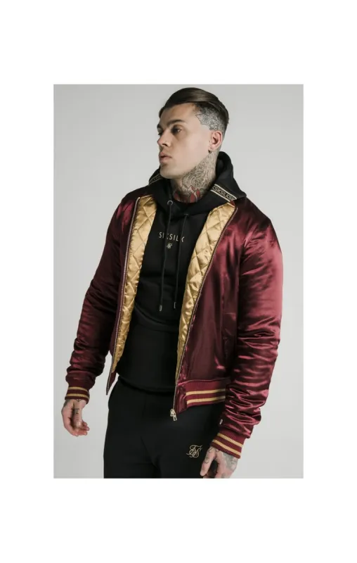 SikSilk Satin Bomber Jacket – Burgundy & Gold sold by Siksilk
