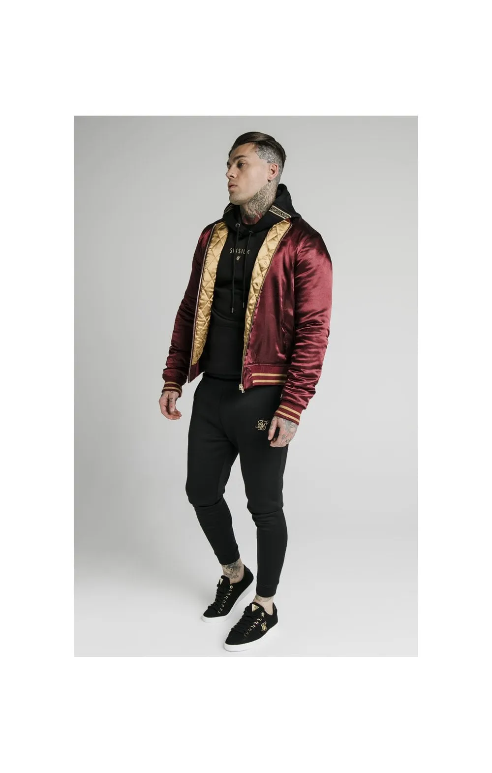 SikSilk Satin Bomber Jacket – Burgundy & Gold sold by Siksilk product image thumbnail 5