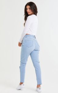 Light Blue Knee Rip Denim Mom Jean sold by Siksilk