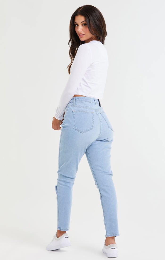 Light Blue Knee Rip Denim Mom Jean sold by Siksilk product image thumbnail 7