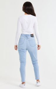 Light Blue Knee Rip Denim Mom Jean sold by Siksilk