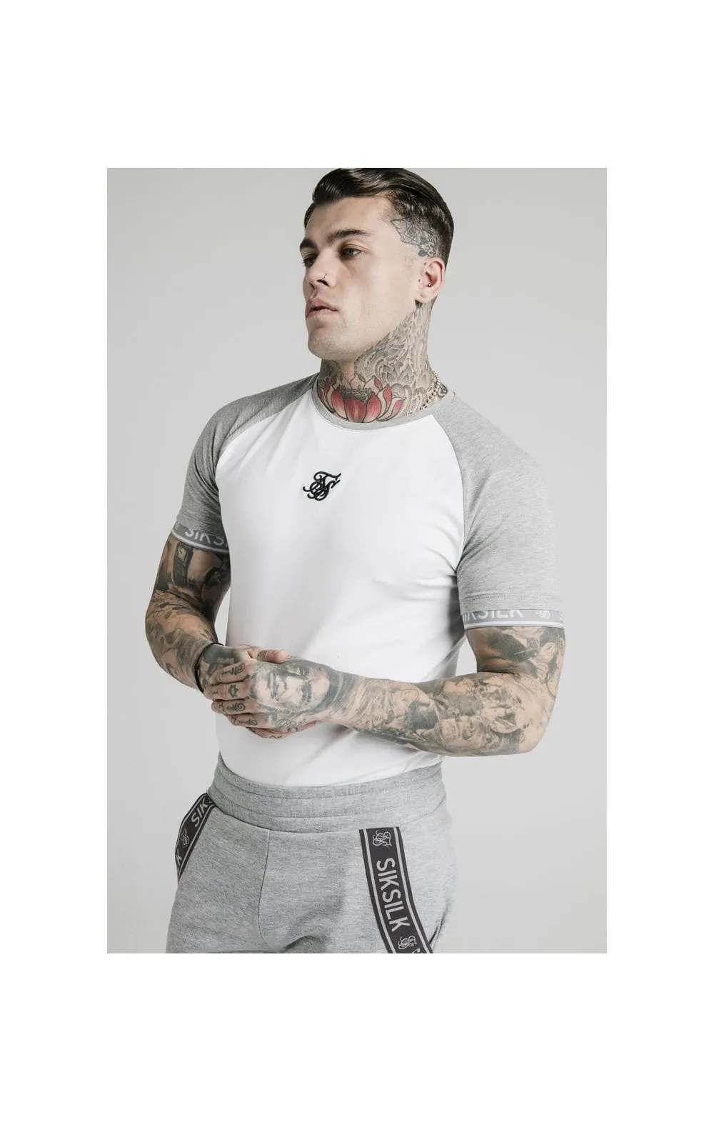 SikSilk S/S Raglan Inset Cuff Gym Tee - White & Grey Marl sold by Siksilk