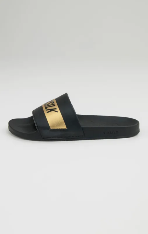 Black Pool Slide With Gold Logo Strap sold by Siksilk