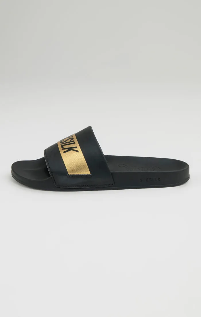 Black Pool Slide With Gold Logo Strap sold by Siksilk