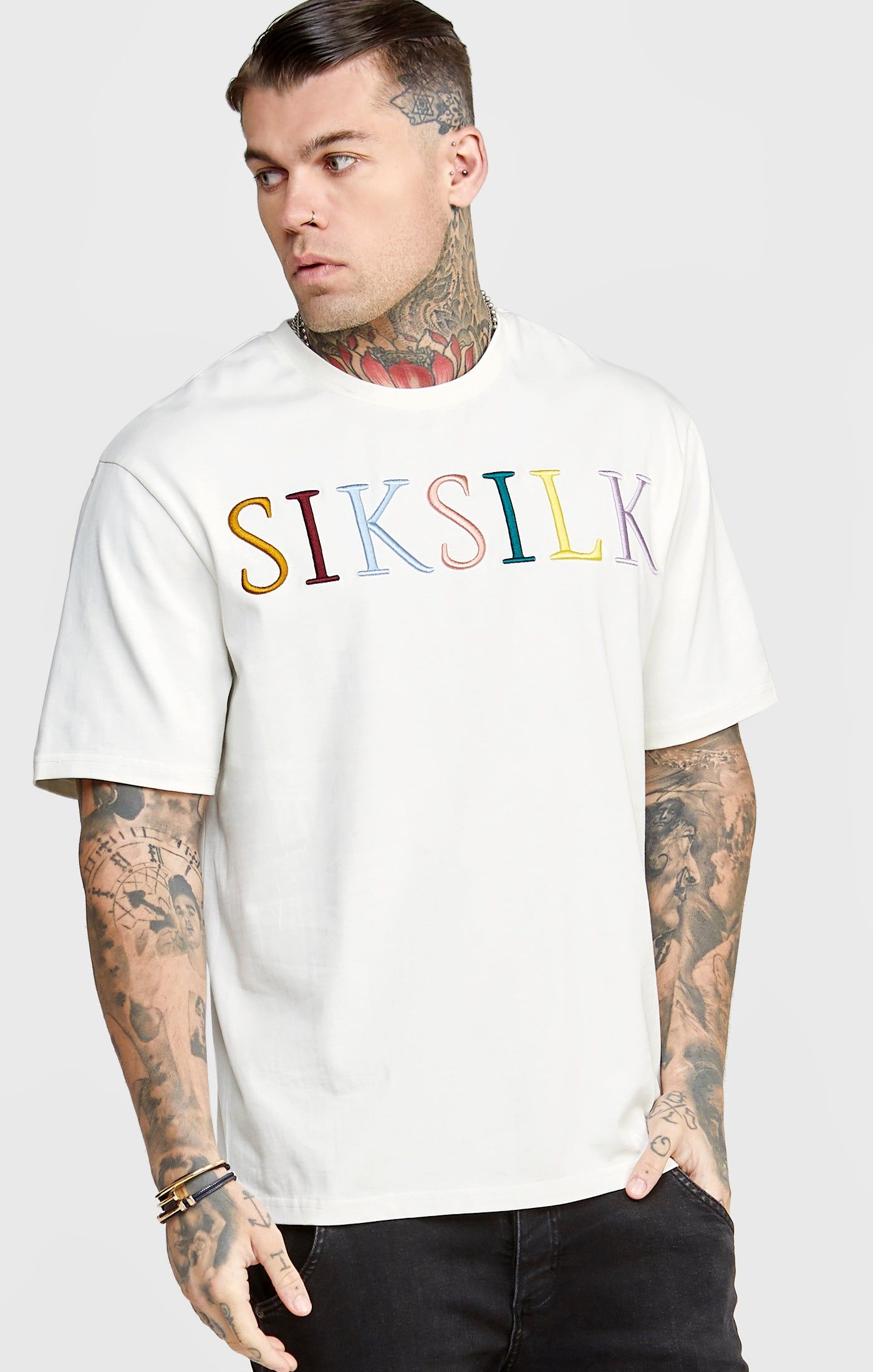 Ecru Oversized Coloured Logo T-Shirt sold by Siksilk